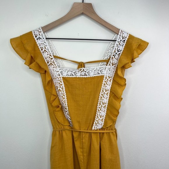 NWT Simplee Golden Yellow Crochet Lace Trim Romper - Tie Back - Linen - Medium - Picture 4 of 14